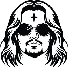 Monochrome face shows dark sunglasses, cross forehead, and long hair in a stylized artwork