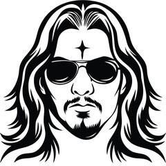 Man with sunglasses, long hair and goatee, stylized in black and white