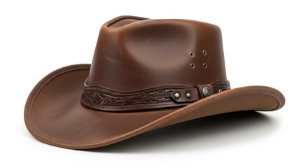 Classic brown leather retro cowboy hat with wide brim and band detail isolated on white background evoking western style