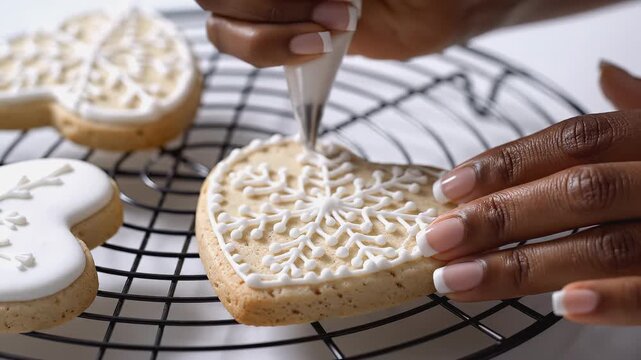 Hands of a woman expertly decorating heart-shaped cookies with intricate icing designs, showcasing creativity and skill in a cozy kitchen environment