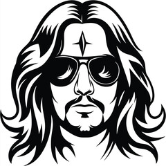Man with wavy hair, goatee, and glasses gazes intensely in monochrome art