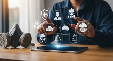 Digital Safety Interface with Holographic Icons Above Tablet in Workplace