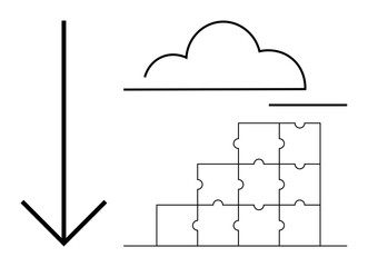 Cloud computing concept. Cloud internet storage while puzzle elements data integration. The download arrow indicates data transfers. Ideal for teamwork, storage, integration, technology innovation
