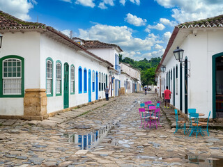 Street with tables of cafe in historical center of Paraty, Rio de Janeiro, Brazil. Paraty is a...