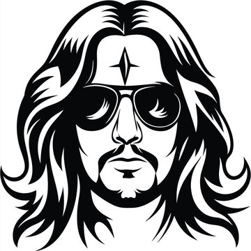 Man with wavy hair, goatee, and glasses gazes intensely in monochrome art