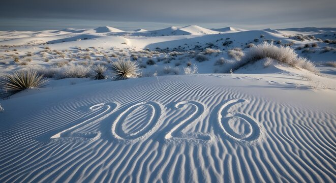 2026 written in pristine ripples of white desert sand dunes