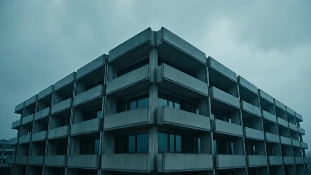 Brutalist concrete building viewed from multiple angles. Towering urban structure under overcast sky showcasing modern architecture and repetitive design elements.