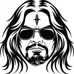 Stern man with sunglasses and long flowing hair stares intently forward; black and white