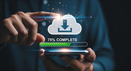 Holographic Cloud Download Interface With 75% Progress Bar on Smartphone