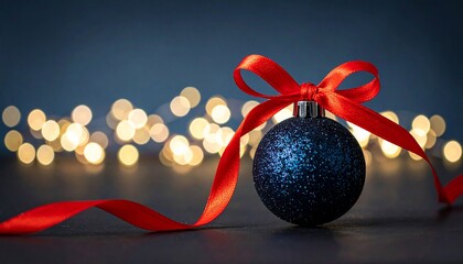 A glittering Christmas ornament with a vibrant red ribbon and bokeh lights background
