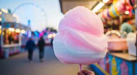Person holding pink and white cotton candy at fair on summer day  