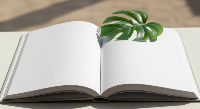 Hardcover blank open book bathed in gentle sunlight with fresh green monstera leaf resting on page corner, soft light beige background, calm reading atmosphere