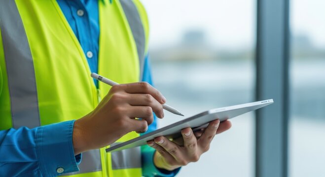 Building inspector checks building safety system. Man holds digital tablet and pen. Person wears reflective vest and blue shirt. Worker reviews checklist near window during construction audit.