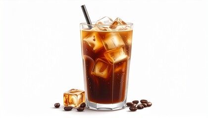 Clear glass of iced coffee with black straw and scattered coffee beans on white background.