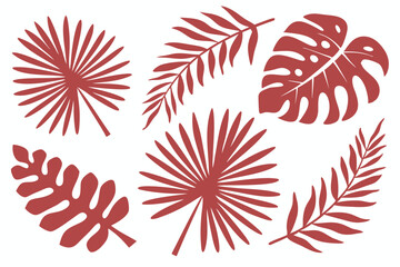 Various red tropical leaves like palm and monstera create botanical foliage arrangement