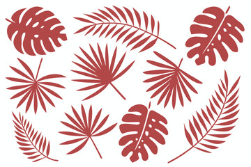 Tropical burgundy leaves scatter with botanical patterns on a clean white background to evoke nature