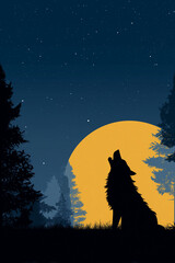 Silhouette of a howling wolf against a large yellow moon in a starry night forest