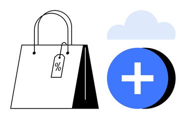 Online shopping concept. A shopping bag with a discount tag and a cloud, online commerce. Online shopping integrates technology, driving sales and customer convenience. For retail, e-commerce