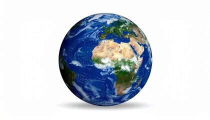 Fototapeta premium Digitally rendered Earth centered on Africa with realistic oceans and clouds, floating above white background.