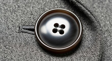 Dark button sewn onto grey fabric with copy space concept  