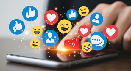 User Tapping Smartphone with Floating Social Media Reaction Icons