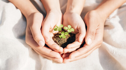 Adult and child hands gently holding growing seedlings, representing environmental protection, family love, and a hopeful green future