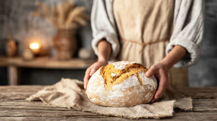 Hands holding freshly baked homemade sourdough bread, presenting rustic craft food for healthy eating on a wooden table