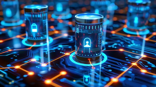 Futuristic Energy and Data Processing Concept with Digital Networks and Cylindrical Elements Design - Powered by Adobe