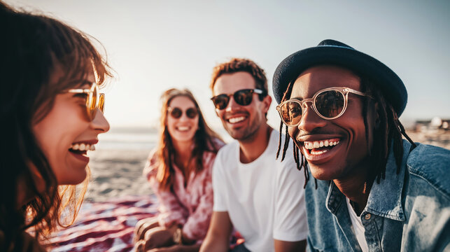 Diverse friends sharing a happy moment, laughing on a beach blanket during a warm summer sunset. Enjoying companionship outdoors