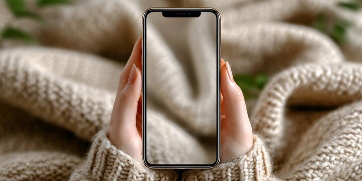 Woman hands holding phone mockup on cozy sweater background - Powered by Adobe