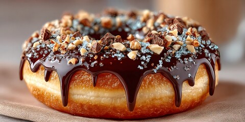 Donut with chocolate glaze, nuts, and blue sugar sprinkles