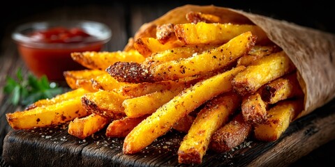 Crispy seasoned french fries with ketchup serving on wooden board