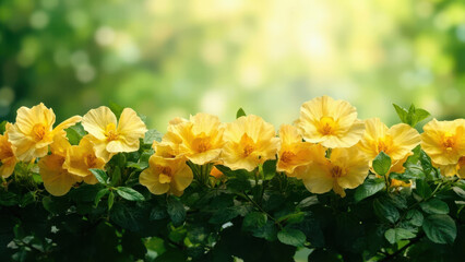 Fototapeta premium Vibrant yellow hibiscus flowers blooming in a lush garden setting