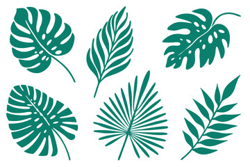 Teal leaves in varying shapes offer a tropical feel, all set on a plain white backdrop