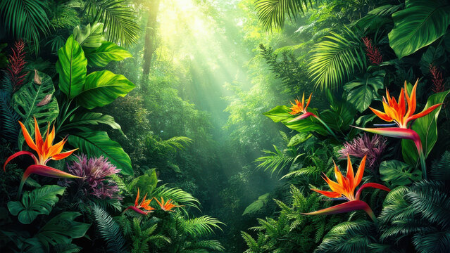 Lush tropical rainforest scene with vibrant bird of paradise flowers