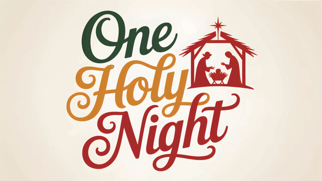 Beautifully rendered one holy night text with a charming nativity scene silhouette inside a decorative stable illustration