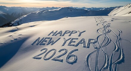 Happy new year 2026 text carved into fresh snow with ski trails