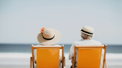 Senior couple sitting on beach chairs enjoying a serene ocean view and clear sky, experiencing a relaxing summer vacation