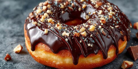 Chocolate glazed donut with nuts and sprinkles
