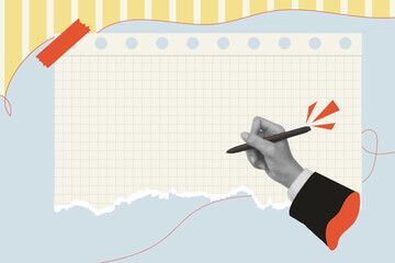 hand is holding a pen and writing in empty paper Halftone hand effect in collage style with cut out paper. Hand with pen is writing on the paper, trending collage desifn vector 