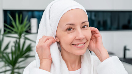 Smiling woman with a towel on her head in a white robe, feeling fresh after a shower. Capturing a moment of self care and positivity