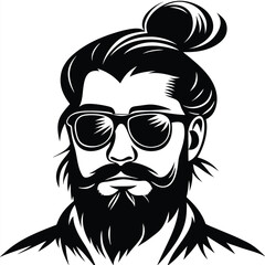 Stylish man with beard and bun is wearing sunglasses in black vector