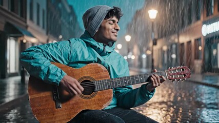 Young man playing acoustic guitar in rainy city street at night. Street musician performing under urban lights. Atmospheric nighttime music session in wet alley.