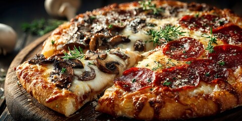 Half pepperoni half mushroom pizza on wooden board