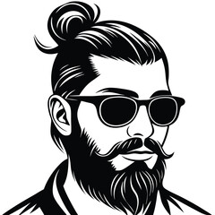 Stylish man with topknot and beard, wearing sunglasses, exhibits modern urban flair