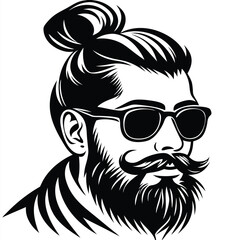 Stylish man with a beard and topknot wears sunglasses in black and white