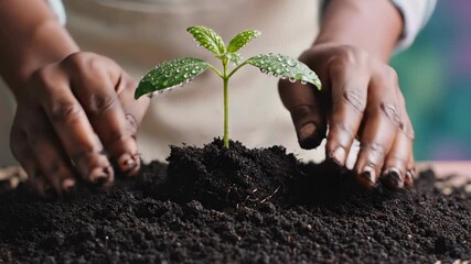 African American woman hands nurturing young green sprout in soil. Gentle planting process in three stages. Gardening care and plant growth concept for environmental awareness and sustainability.