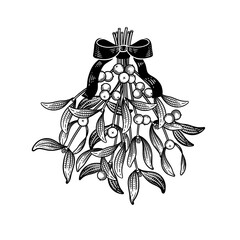 Christmas decoration. Mistletoe plant. Symbol of Christmas. Vintage. Black and white illustration. Vector.