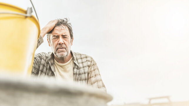 Older man expressing despair, standing by a dry well with a bucket, symbolizing water crisis, global warming, and climate change consequences