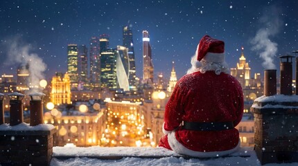 Santa Claus Overlooking a Snowy Christmas City Skyline